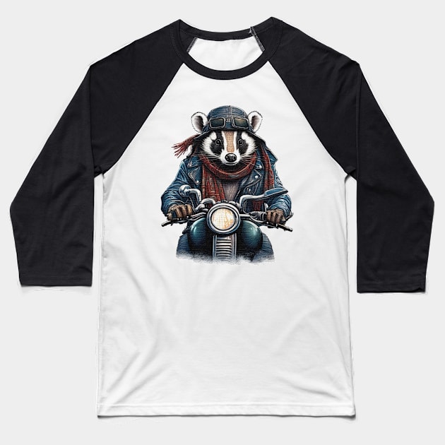 badger wearing a jackets hat and a scarf on a motorcycle Baseball T-Shirt by JnS Merch Store